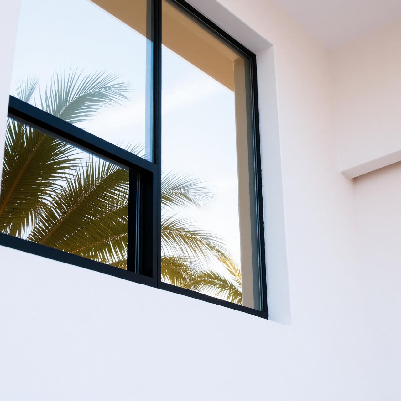 Slim black aluminum window frame against white stucco with palm reflections