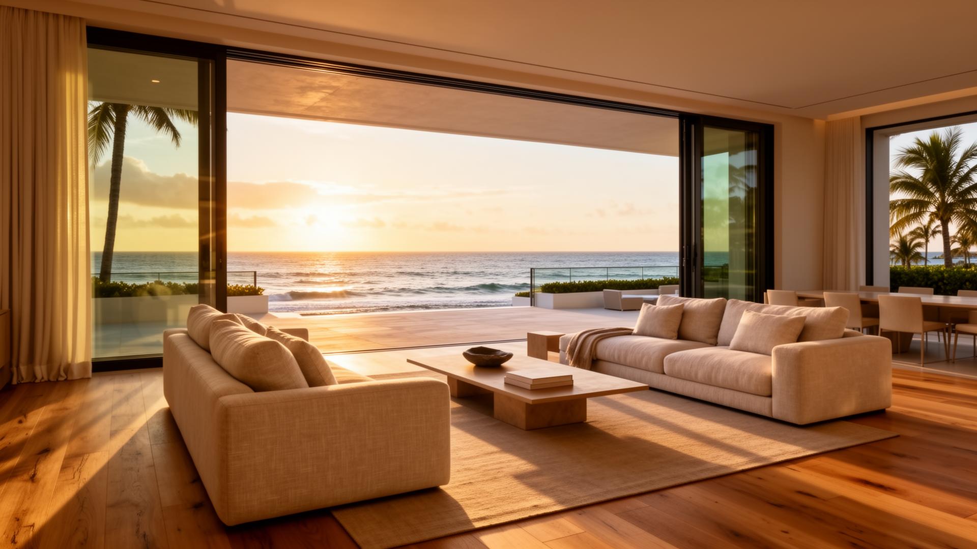 Floor-to-ceiling impact glass opening to an oceanfront terrace at golden hour